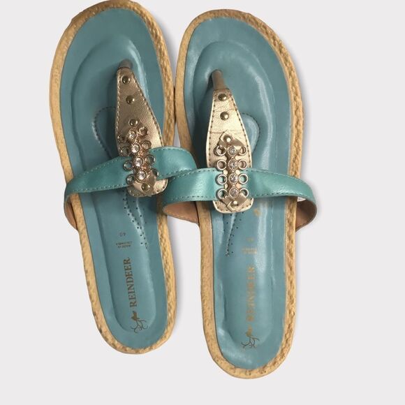 Reindeer Womens‎ Low Wedge Turquoise Sandals,Embellished slip On - Picture 1 of 10